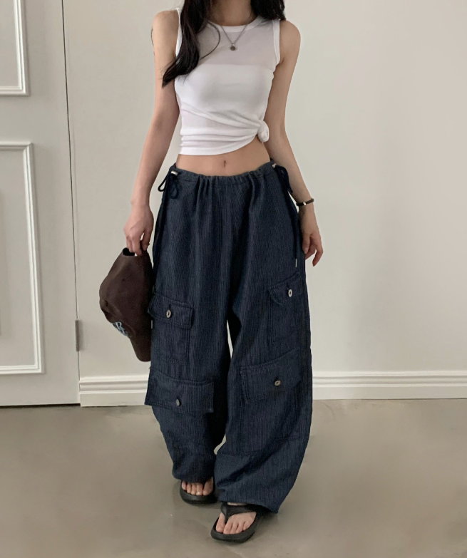 夏季預訂｜不褪色繫帶寬長工裝褲