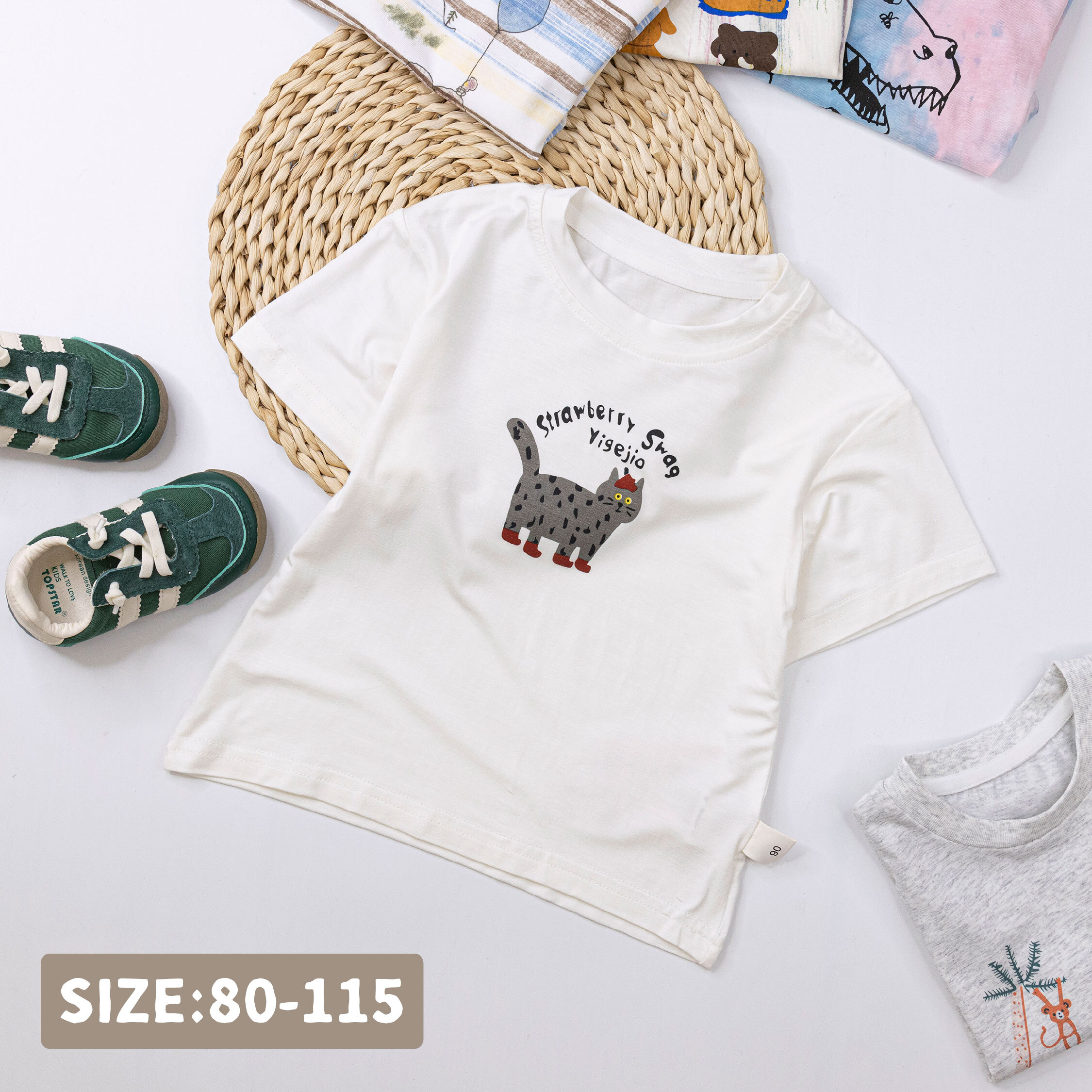 【H50387】斑點貓貓小紅鞋親膚上衣