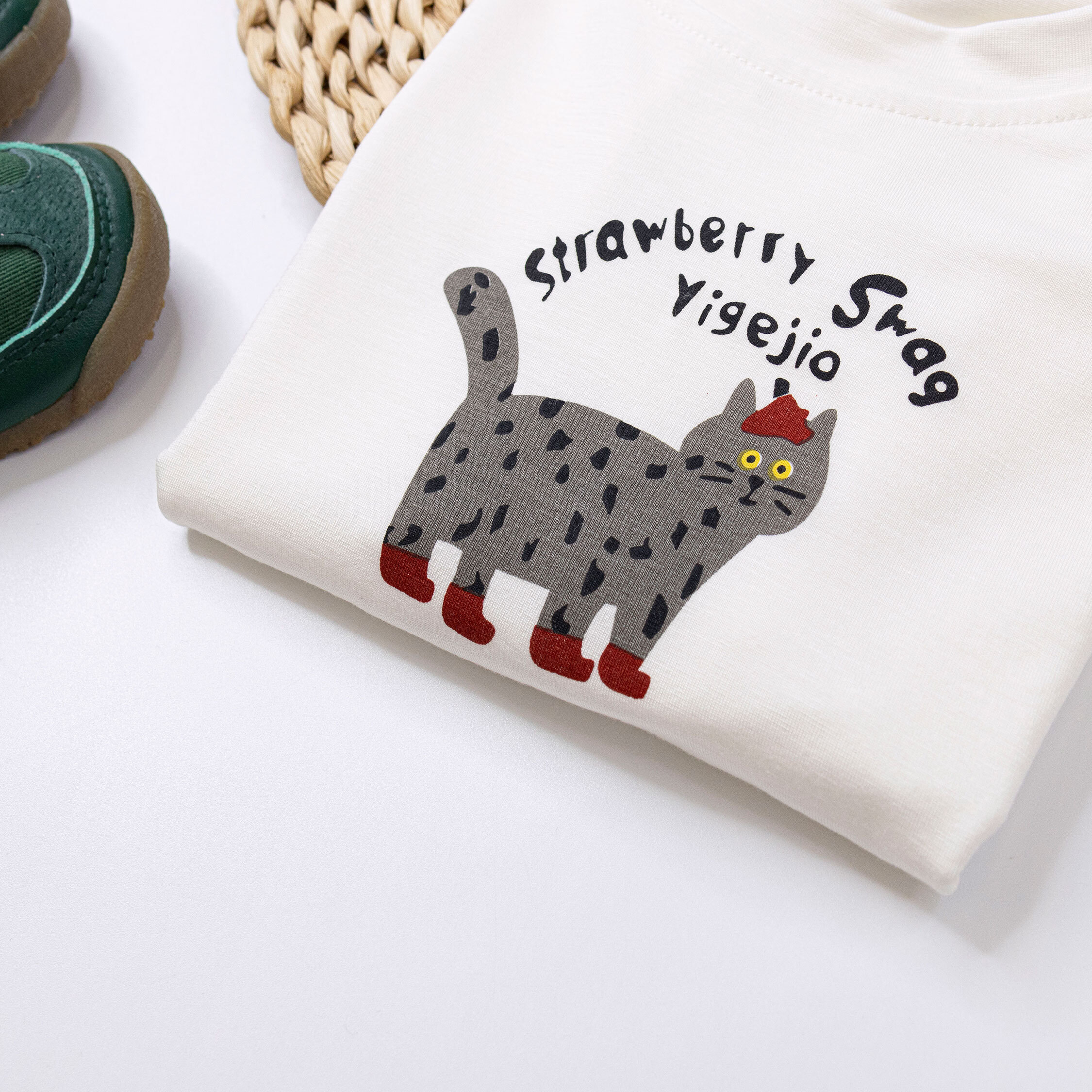 【H50387】斑點貓貓小紅鞋親膚上衣