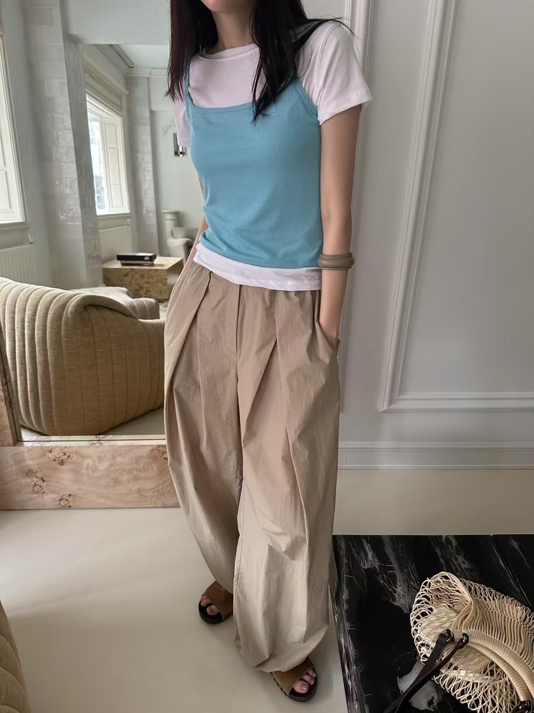 韓國BOWIE夏正品 SOFT STRUCTURE 雙摺澎感休閒寬褲