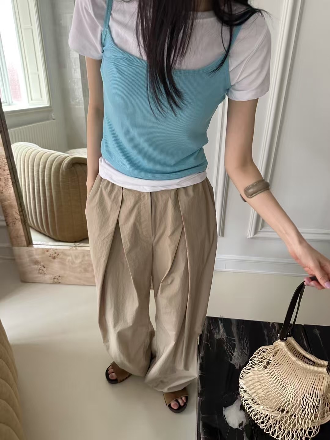 韓國BOWIE夏正品 SOFT STRUCTURE 雙摺澎感休閒寬褲
