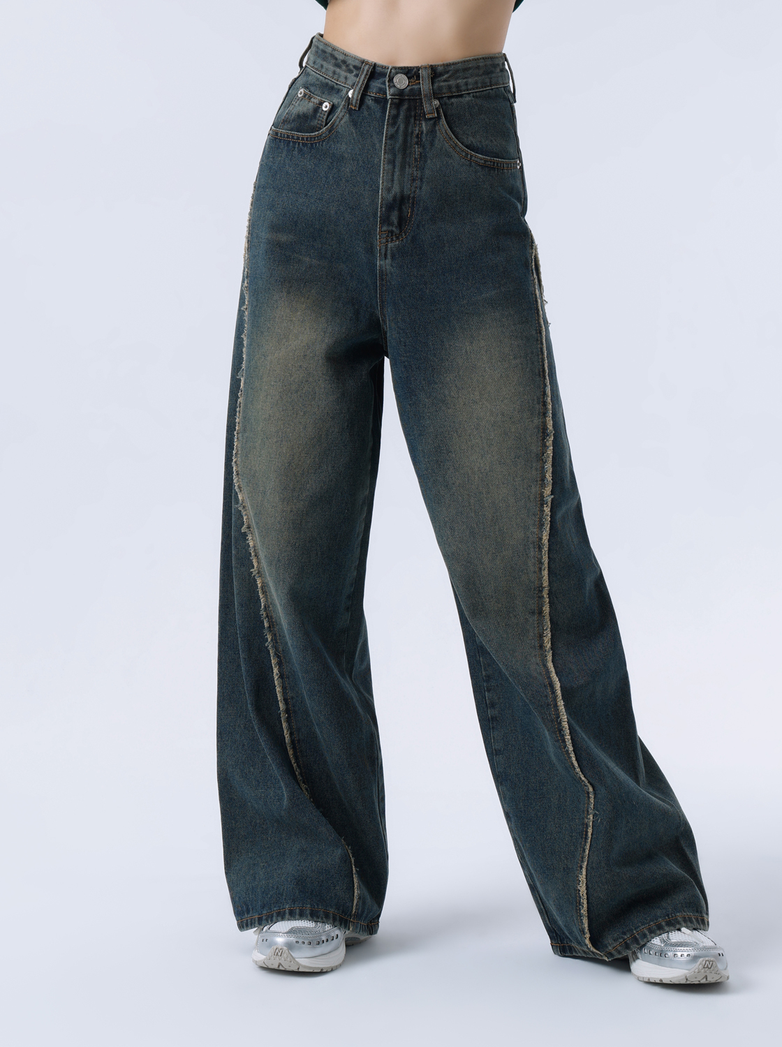 造型毛邊高腰直筒牛仔寬褲