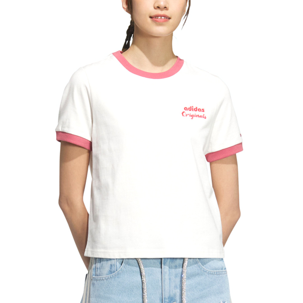 Adidas SC GFX S Tee W1 女性 米白色 撞色 三葉草 愛迪達 純棉 休閒 上衣 短袖 JM7972