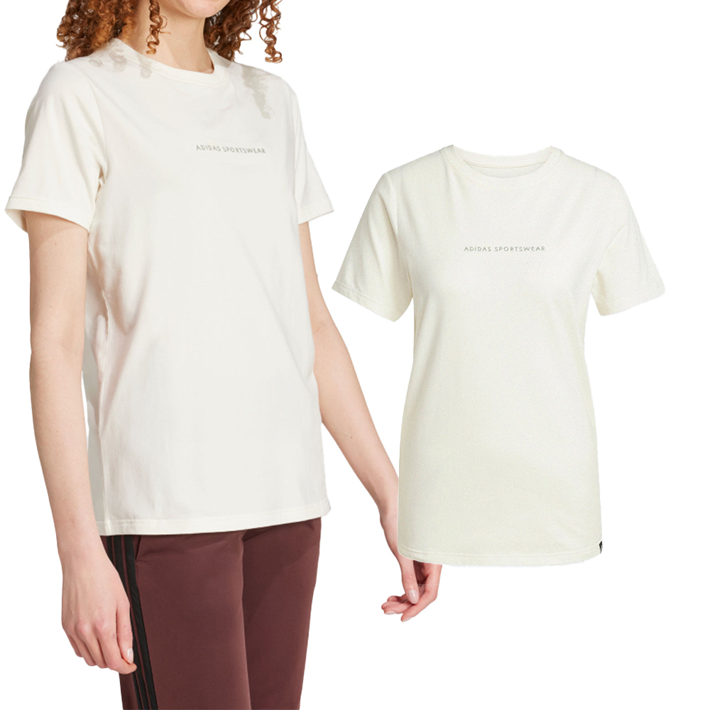 Adidas Codes Doodle Camp 女款 米色 三葉草 愛迪達 圓領 休閒 上衣 短袖 JX5322