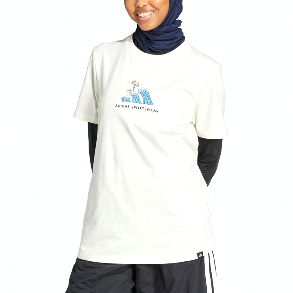 Adidas Codes Doodle Surf 女款 白色 三葉草 愛迪達 電繡 圓領 休閒 短袖 JX5330