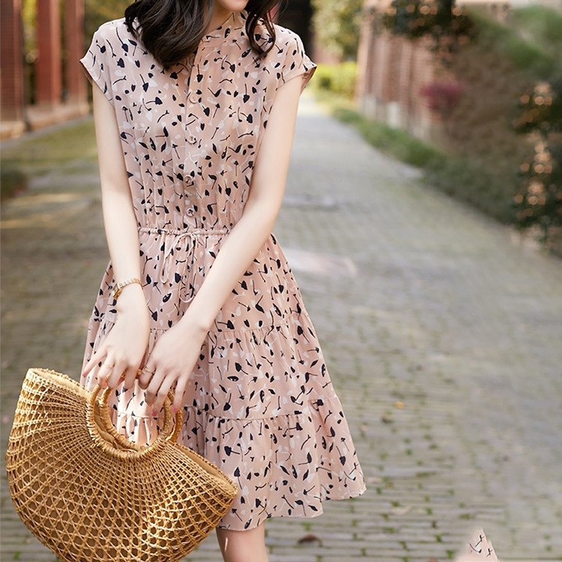 小包袖印花雪紡洋裝 粉橘