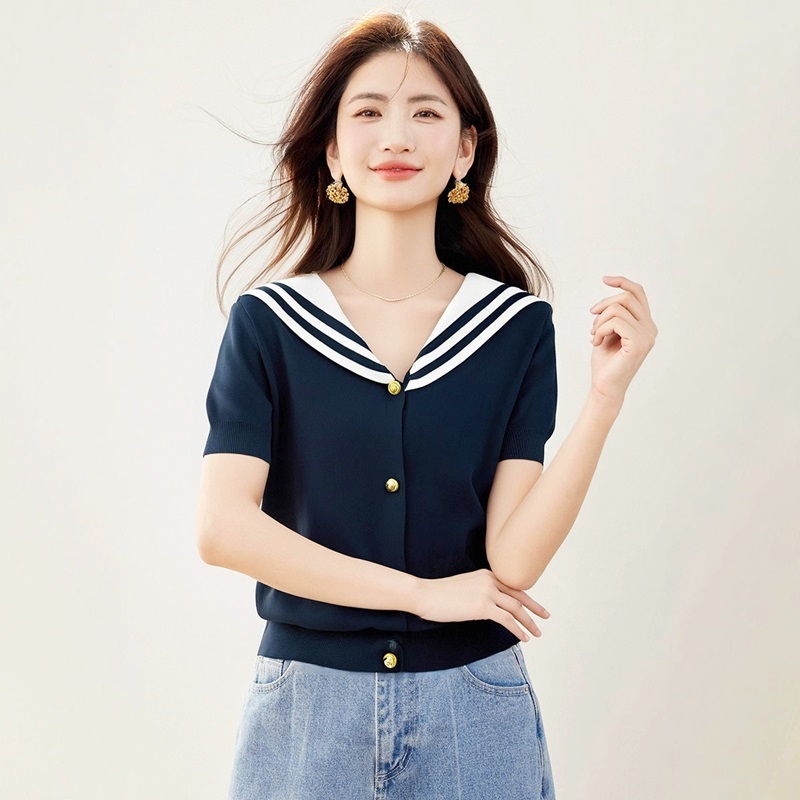 海軍領金釦針織上衣 藏青