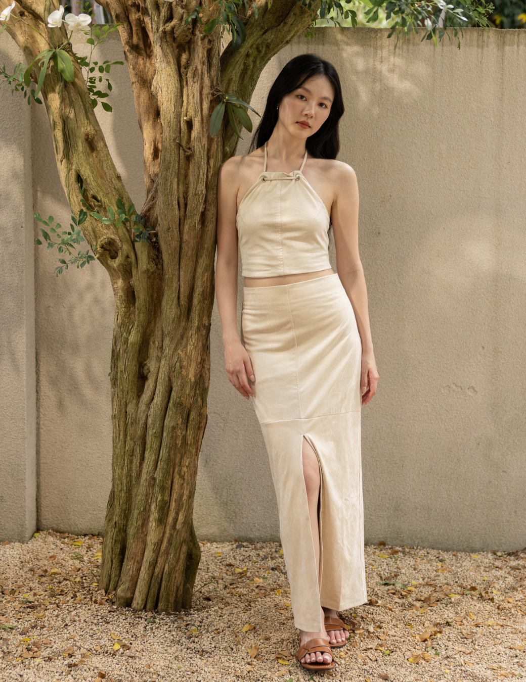 絨面前開衩長裙（4尺寸）