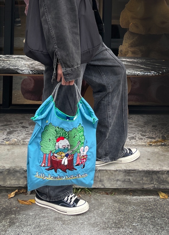 Ball＆Chain 刺繡環保購物袋 M號 - 藍 (32200688)