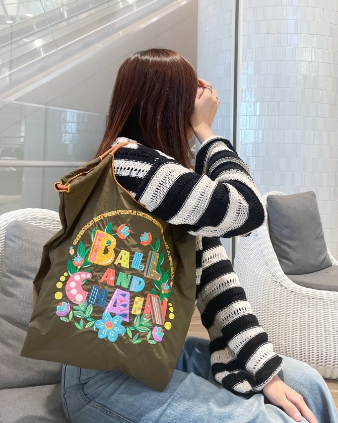 Ball＆Chain 刺繡環保購物袋 M號 - 橄欖綠 (30105713)