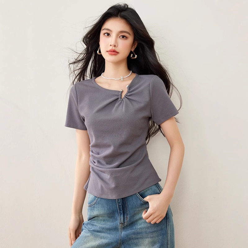 造型領抓褶柔綿上衣 灰色