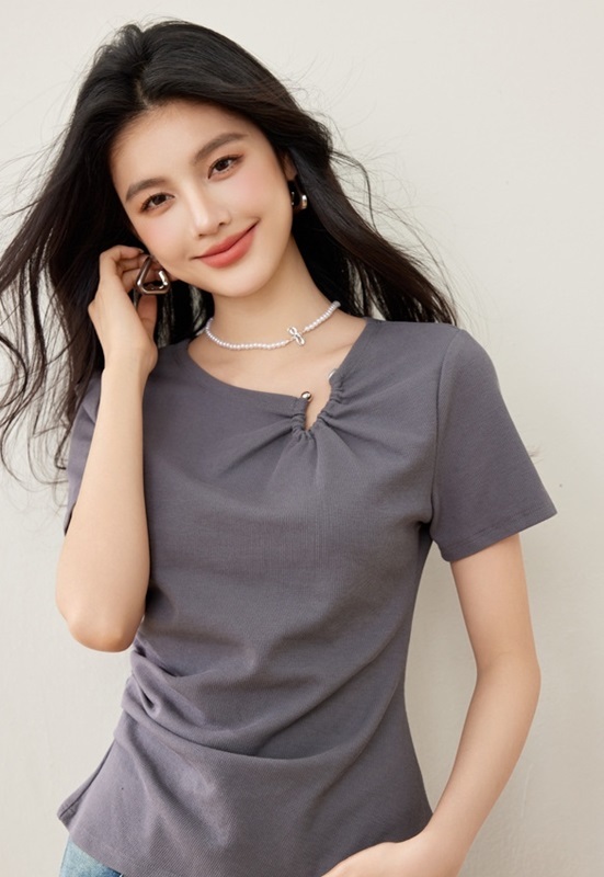 造型領抓褶柔綿上衣 灰色