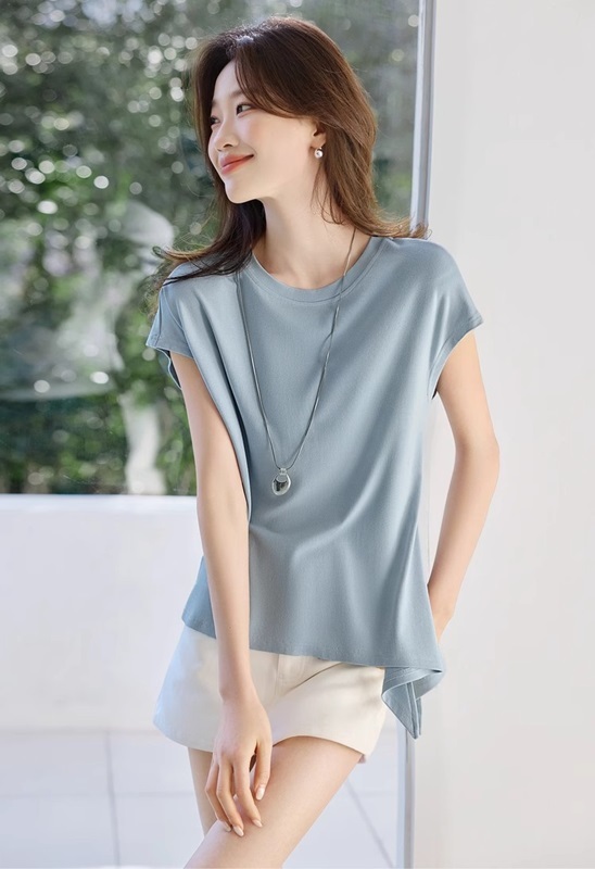 連袖側綁帶柔棉上衣 藍色
