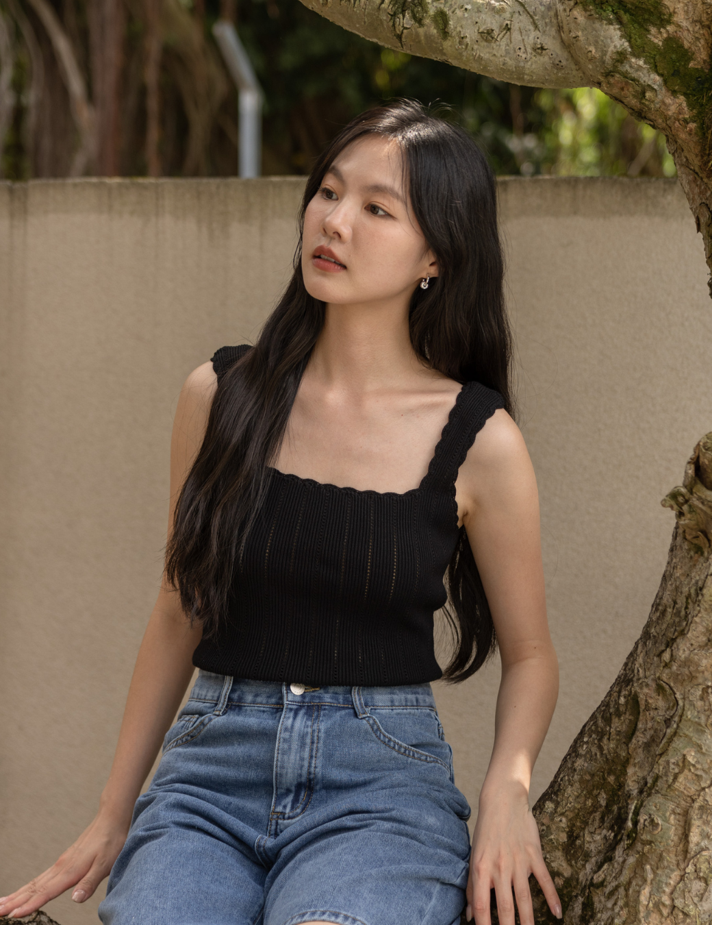 小花邊方領針織背心（黑色/3尺寸）