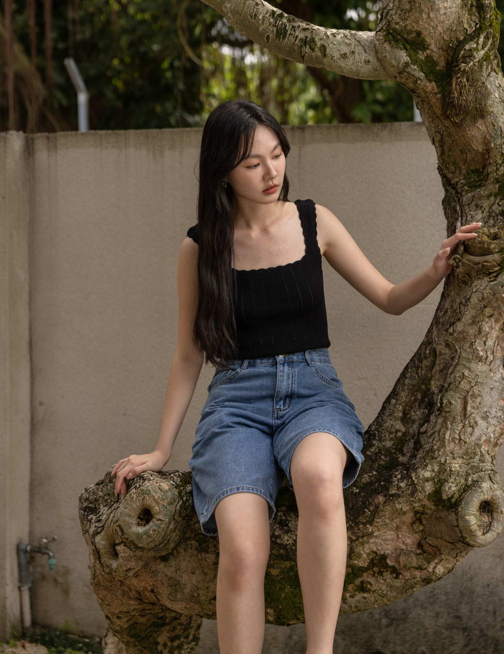 小花邊方領針織背心（黑色/3尺寸）