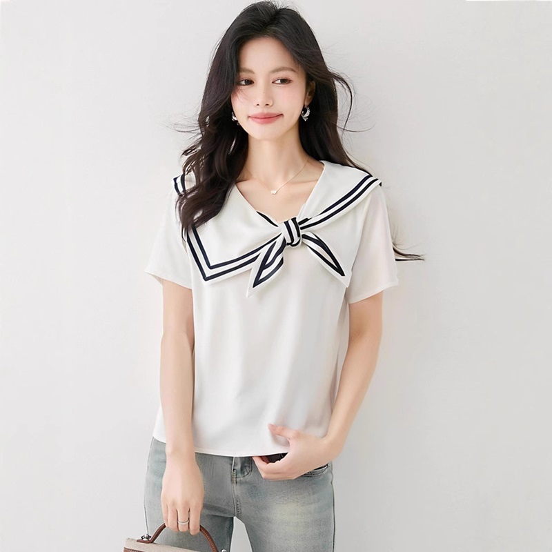 斜海軍領綁帶柔綿上衣 白色