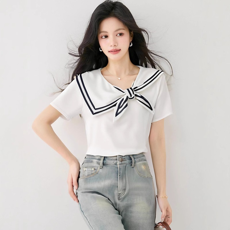 斜海軍領綁帶柔綿上衣 白色