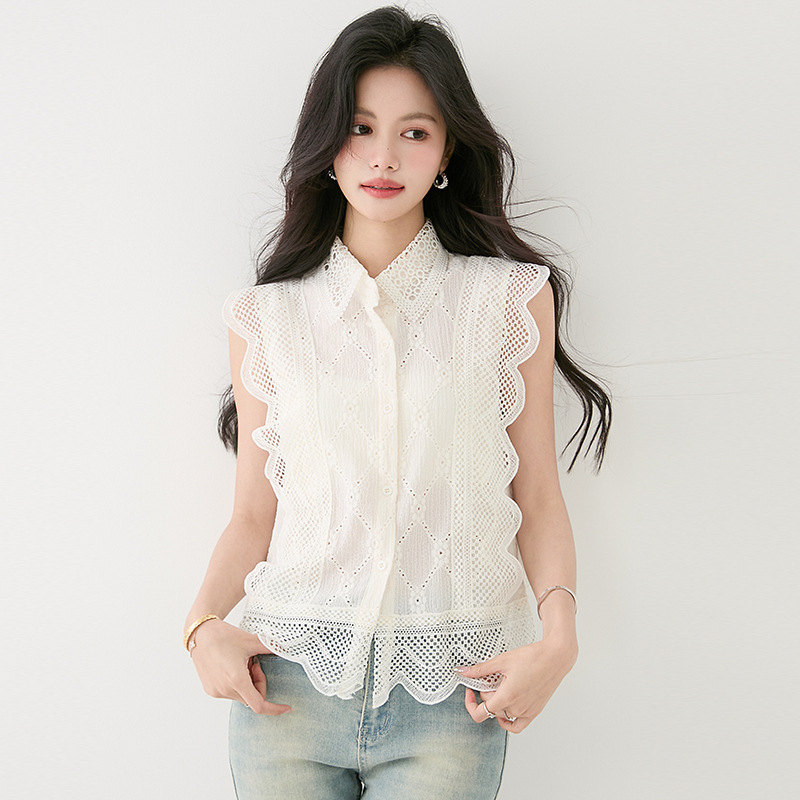 緹花蕾絲無袖襯衫上衣 白色