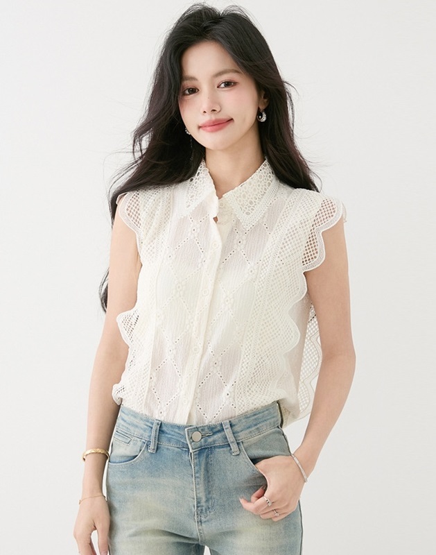 緹花蕾絲無袖襯衫上衣 白色