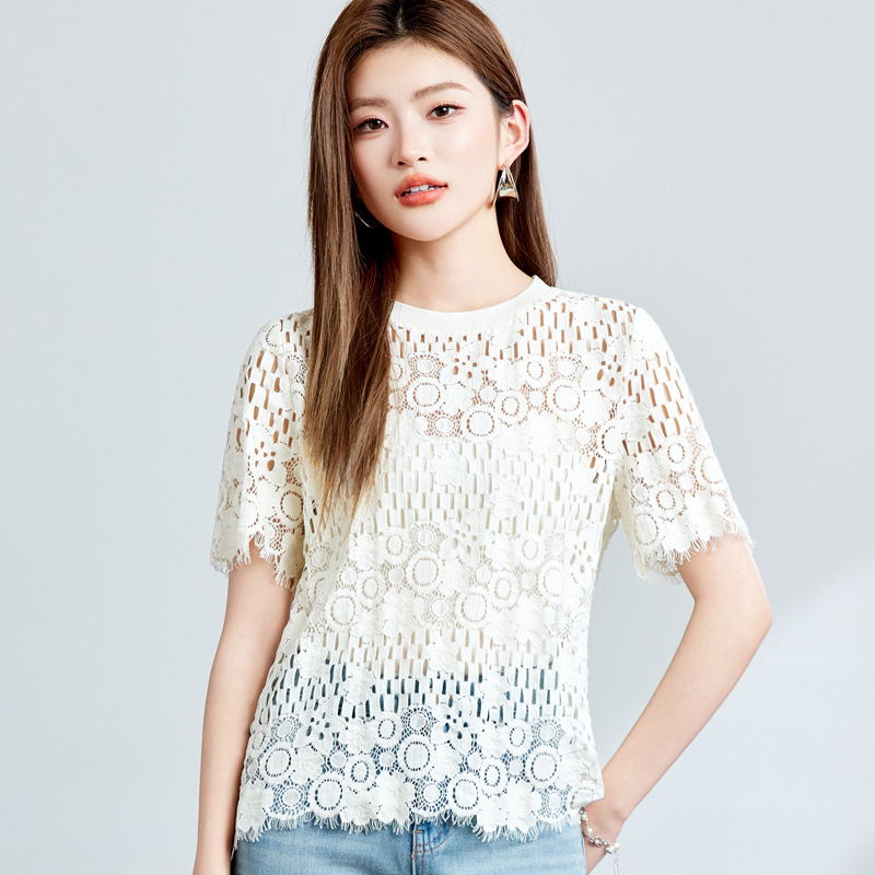 【零碼出清不退換】圓領睫毛蕾絲緹花上衣