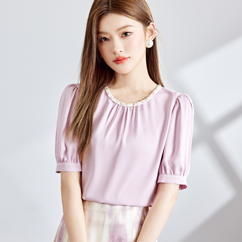 圓領公主袖雪紡上衣 三色