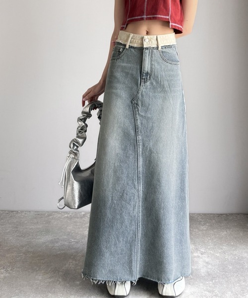 日本🇯🇵連線 JAVA 腰部拼接設計牛仔長裙 長裙 牛仔裙 拼接設計 後開衩 2色(任買兩件711免運)/預購