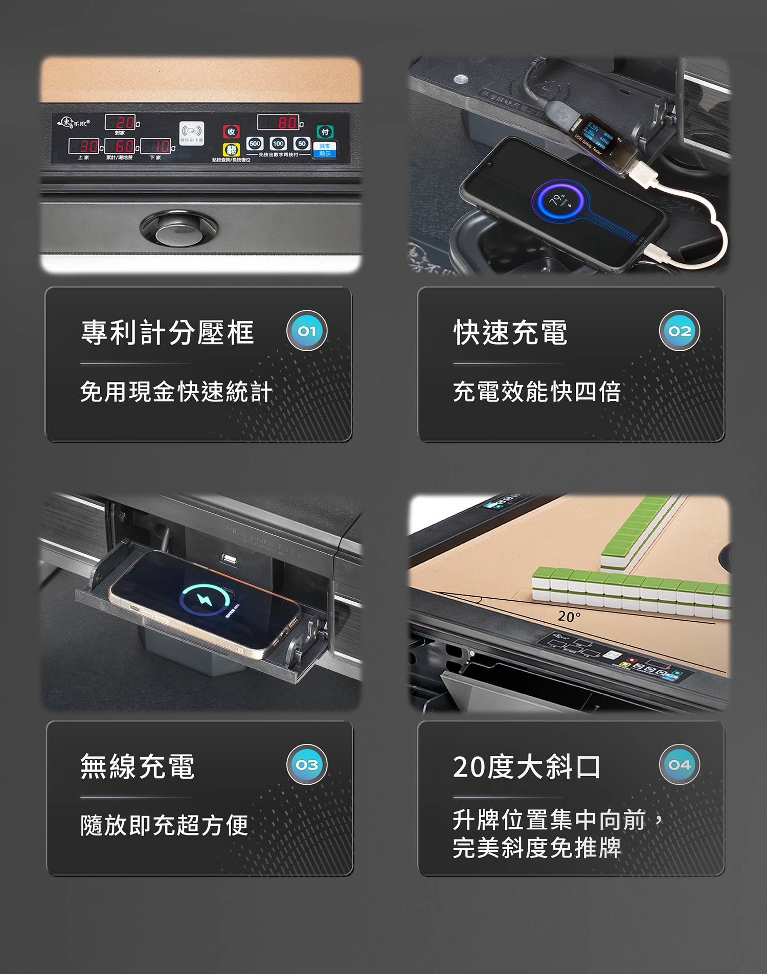 東方不敗電動麻將桌 斜行高手3.3代-折疊機款-智慧家圓點灰PLUS(計分壓框)