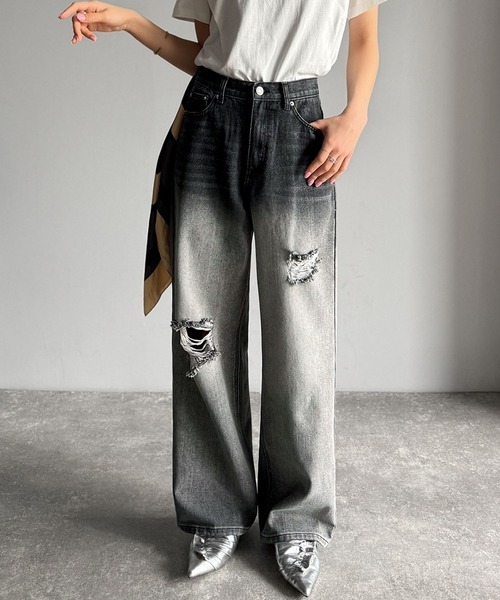 日本🇯🇵連線 JAVA 漸層刷破牛仔寬褲 直筒褲 牛仔褲 寬褲 漸層設計 2色(任買兩件711免運)/預購