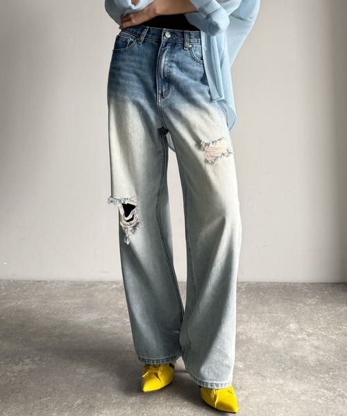 日本🇯🇵連線 JAVA 漸層刷破牛仔寬褲 直筒褲 牛仔褲 寬褲 漸層設計 2色(任買兩件711免運)/預購