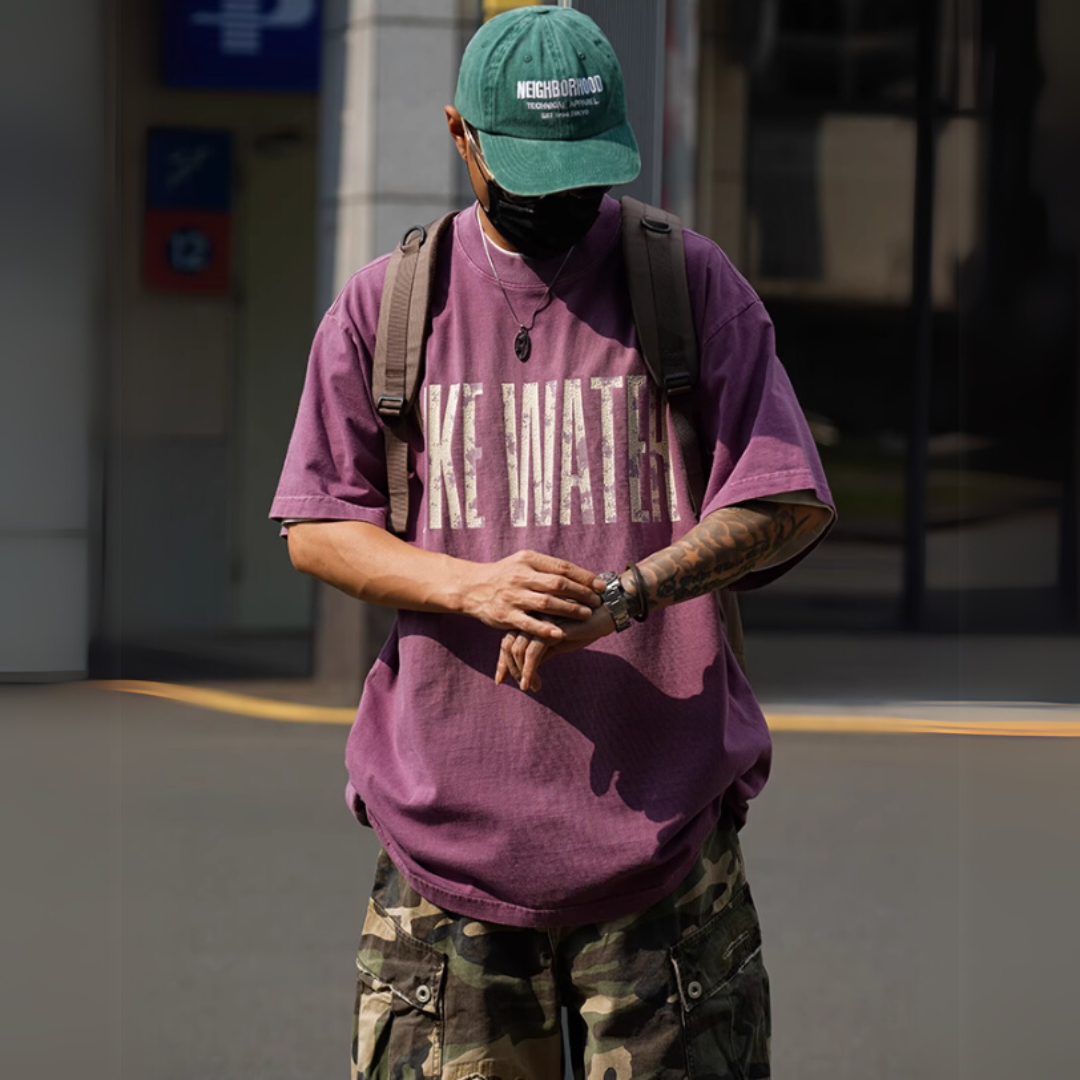 水洗仿舊字母印花短袖T恤