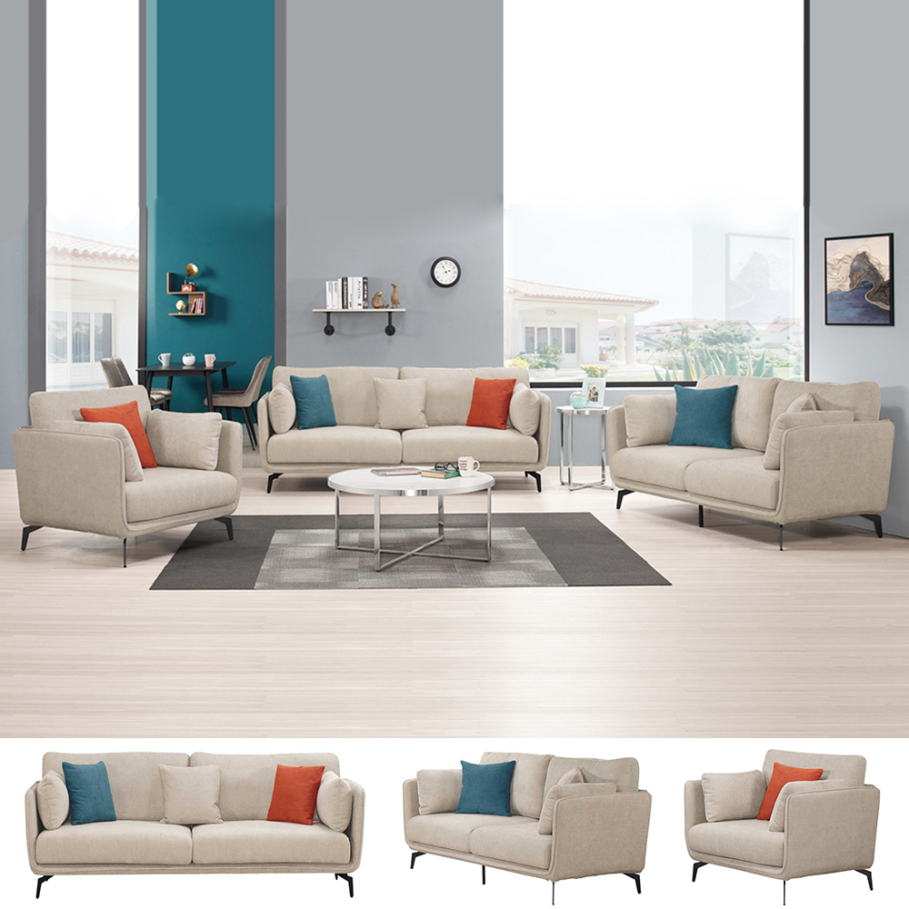 雷斯淺灰色布沙發椅組合-附抱枕(1+2+3人沙發)