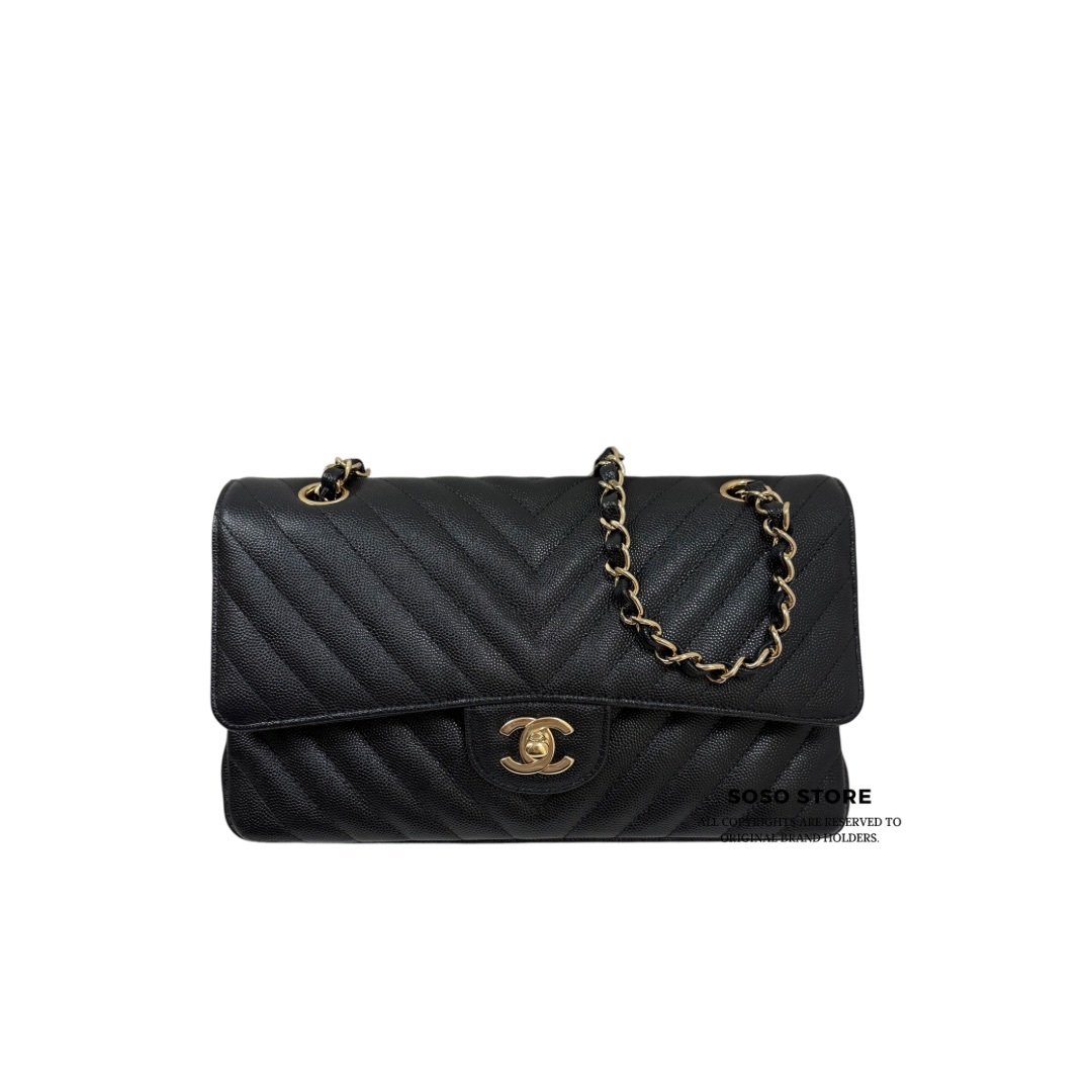 Chanel Chevron Classic Flap Bag - Black / Ghw