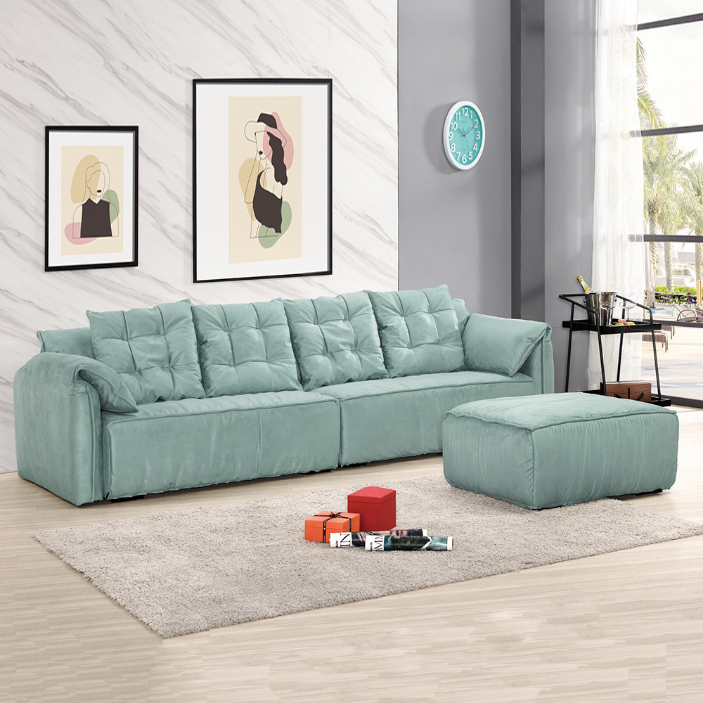 亞特L型淺綠色絨布沙發組(四人座+腳椅)