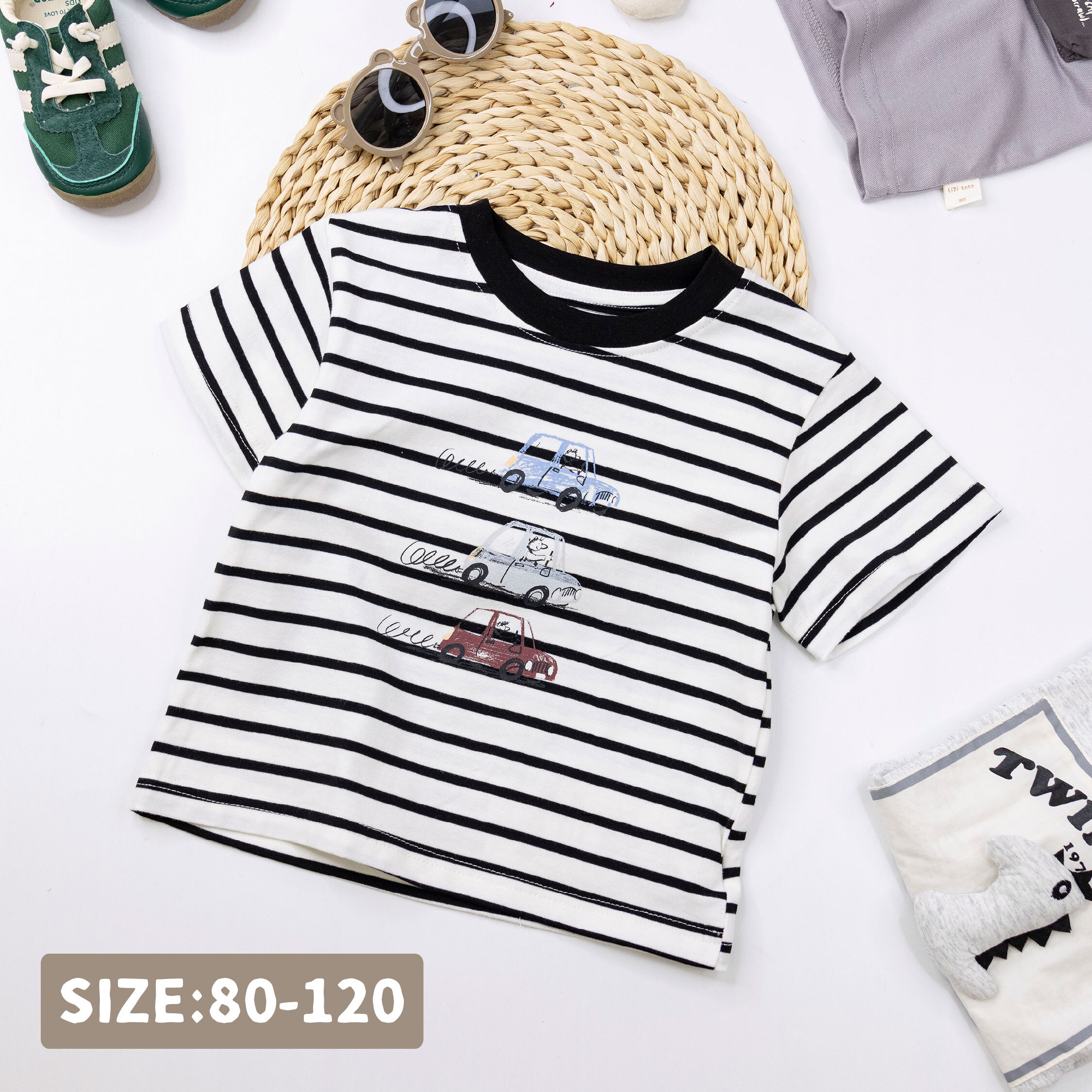 【H50290】塗鴉人偶開車車條紋上衣/短T