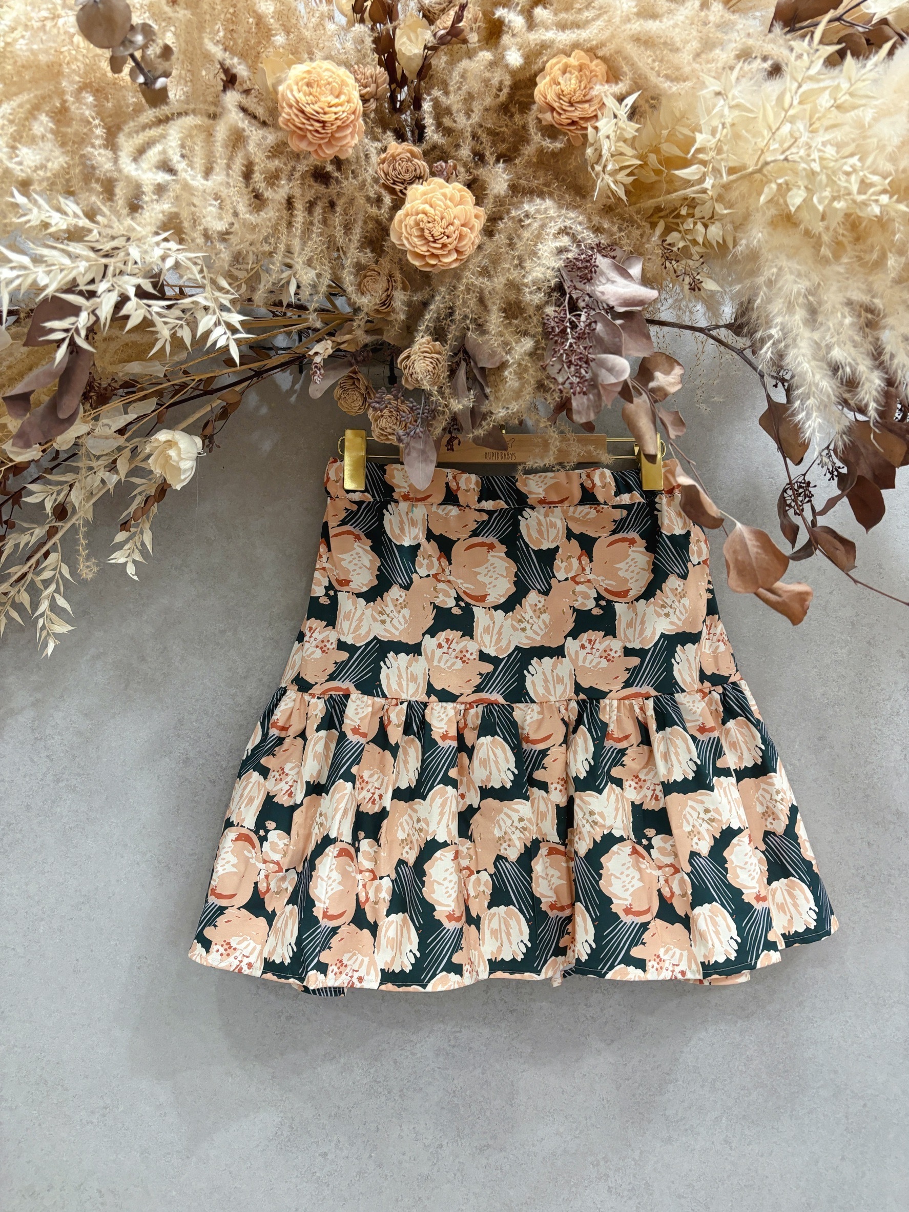 深綠底粉鬱金香 媽咪魚尾短裙