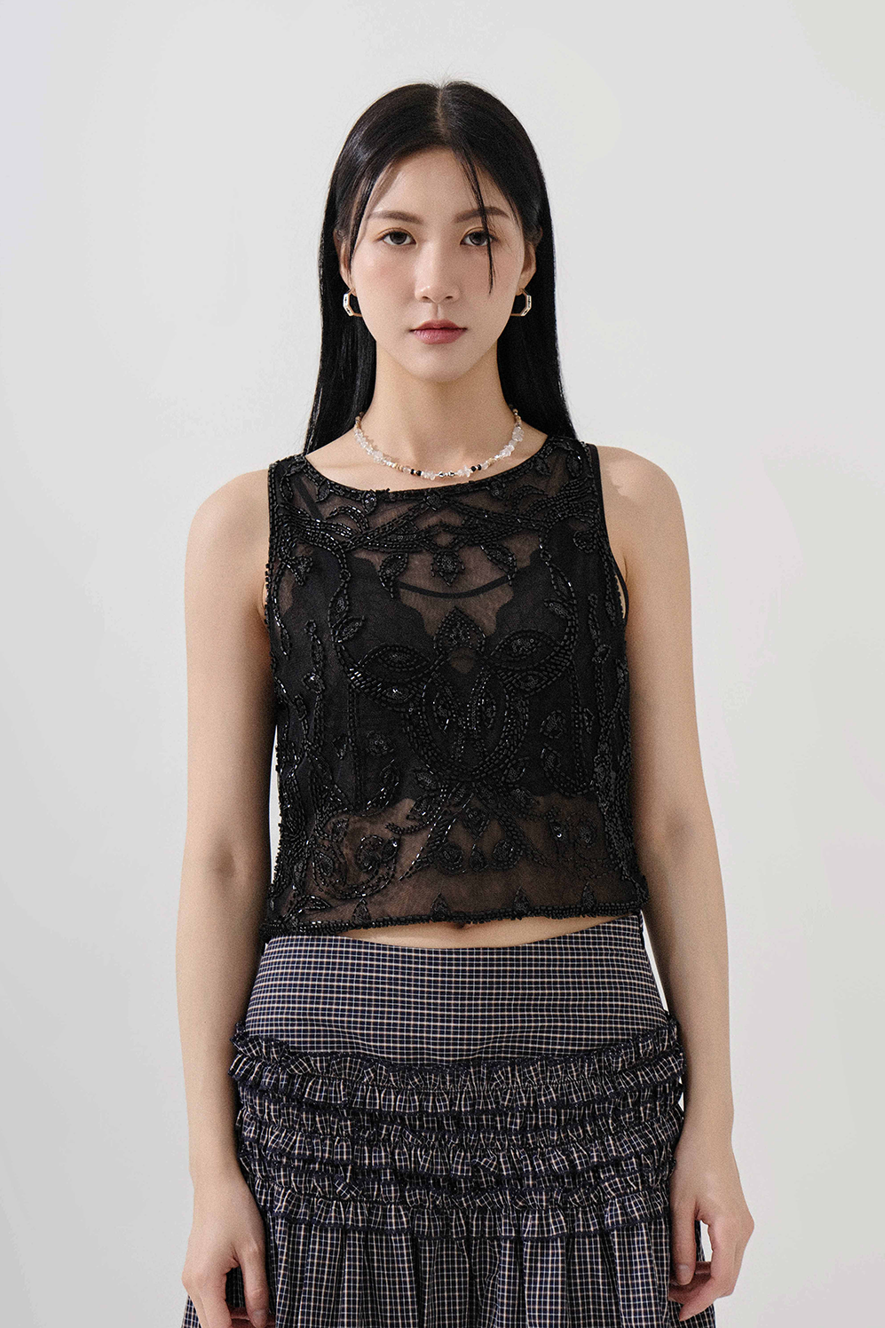 古典花釘珠網紗背心 (現貨款式）