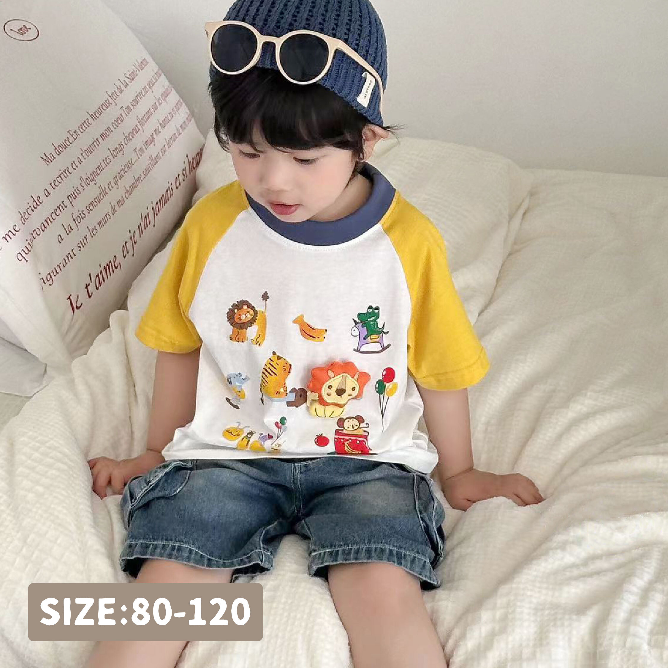 【H50295】童趣動物樂園拼接袖上衣/短T