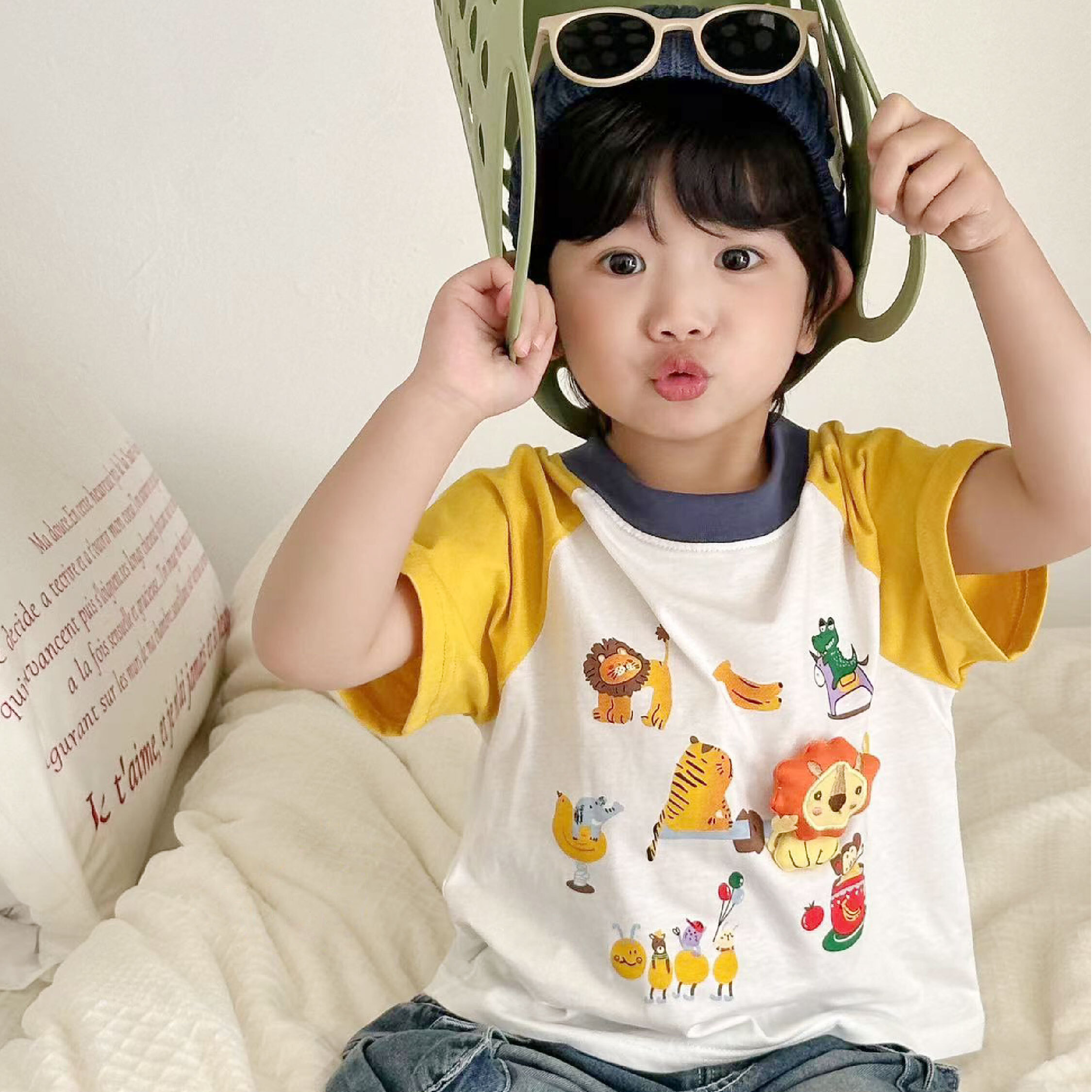 【H50295】童趣動物樂園拼接袖上衣/短T