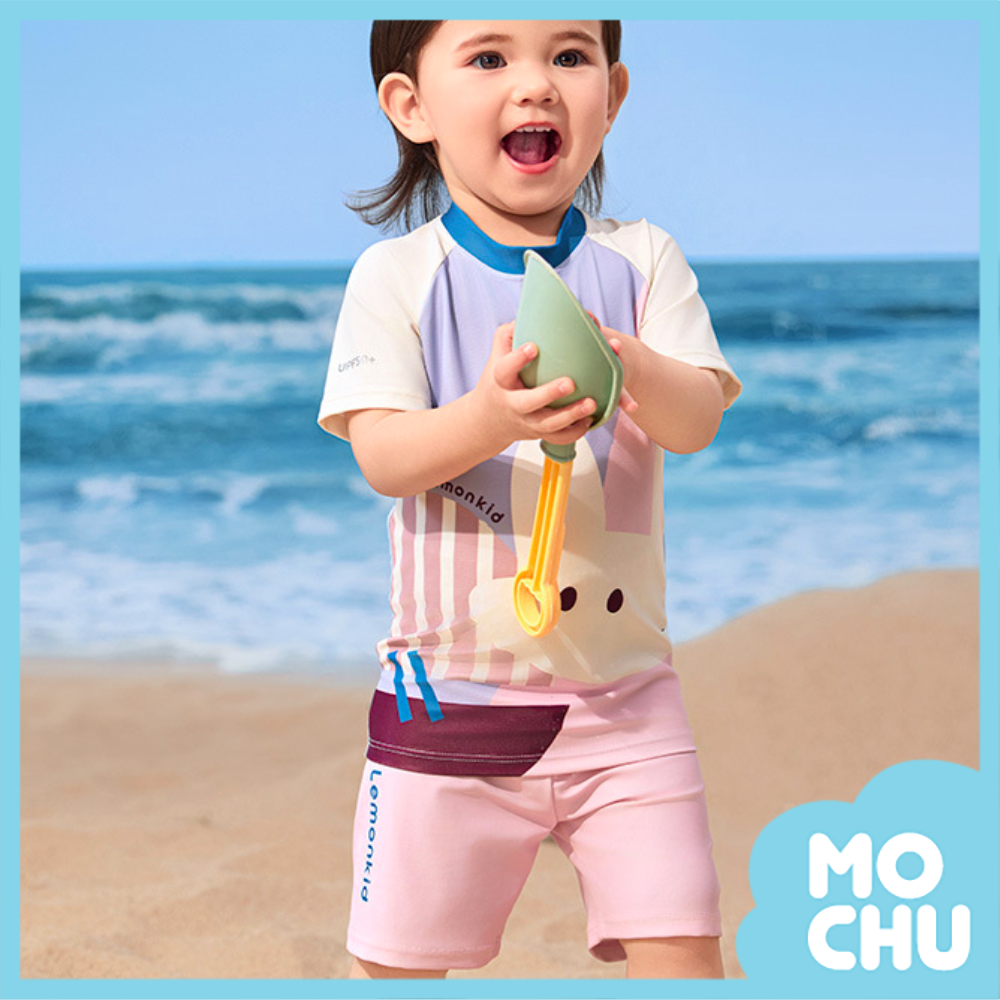 奶昔粉線條兔短袖泳裝-送泳帽(二款)