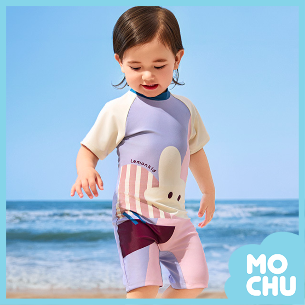 奶昔粉線條兔短袖泳裝-送泳帽(二款)