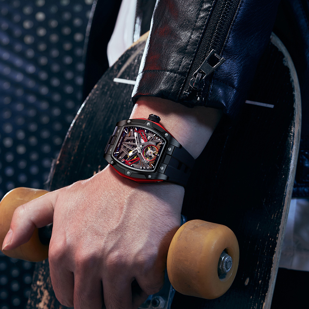 【Free Focus】F7001G 酒桶款 潮流 雙面鏤空 夜光指針刻度 機械 手錶