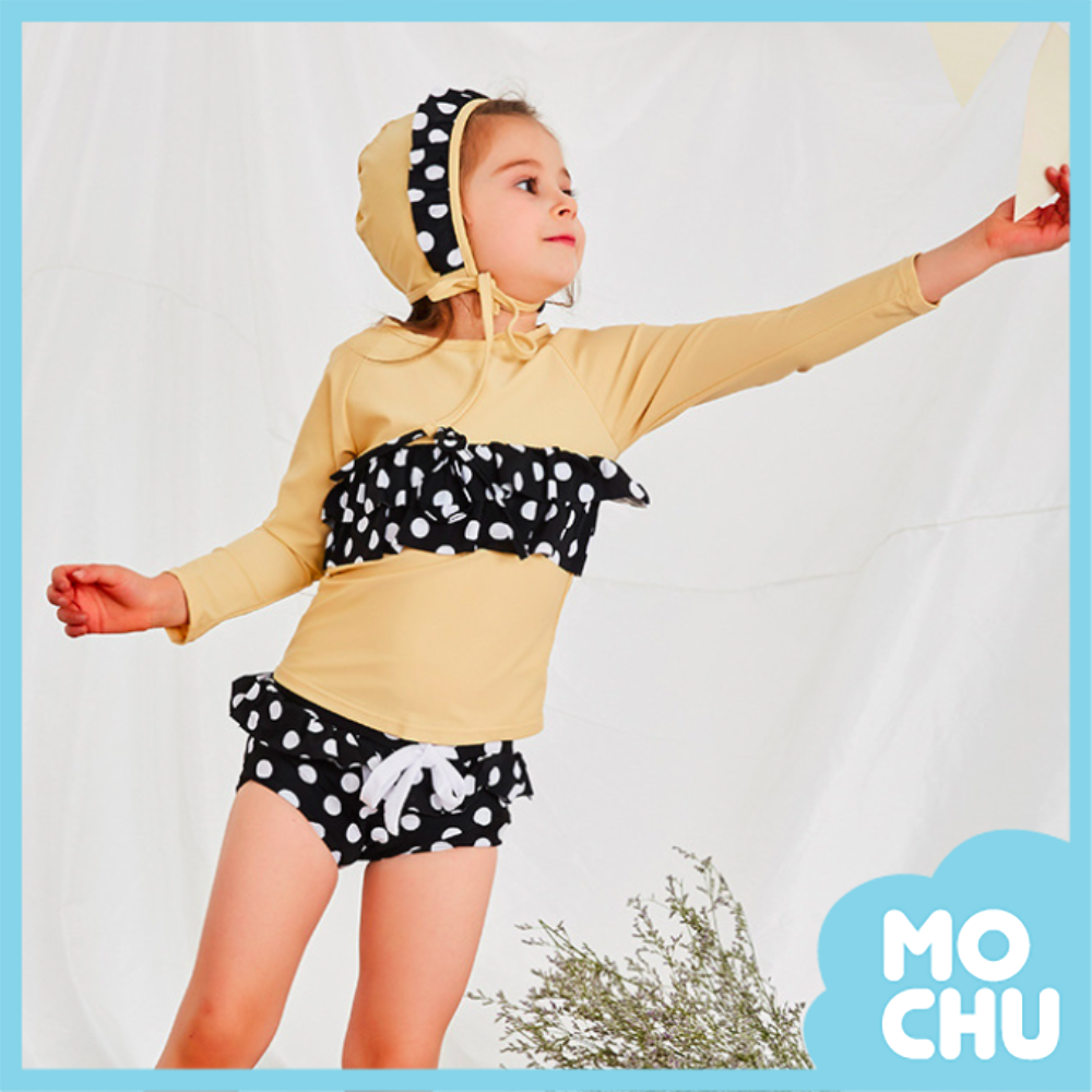 圓點假兩件比基尼長袖泳裝組