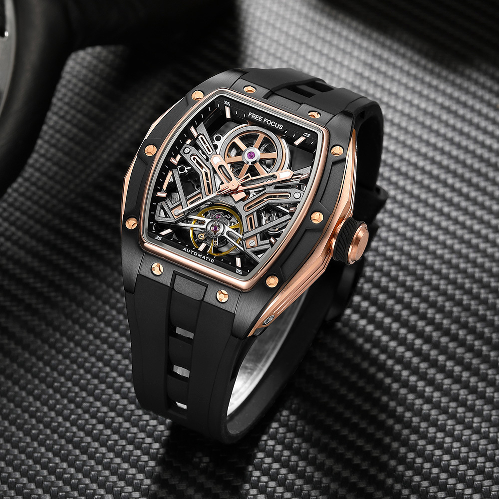 【Free Focus】F7002G 酒桶款 潮流 雙面鏤空 夜光指針刻度 機械 手錶