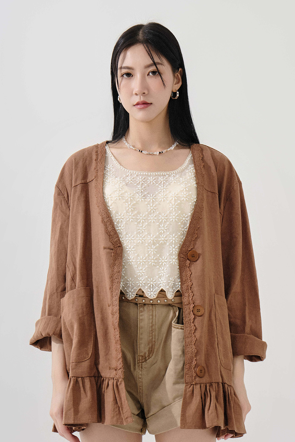 花邊領荷葉腳棉麻外套 (*現貨款式）