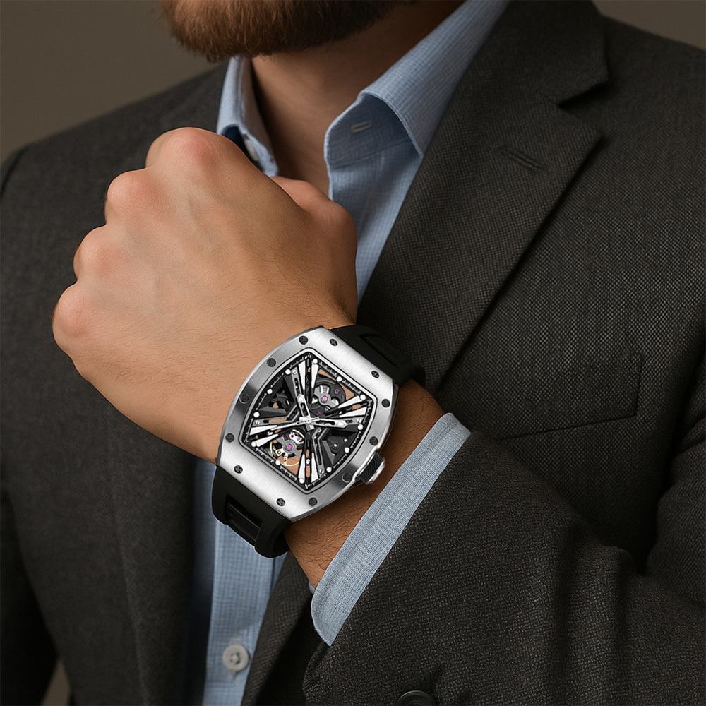 【Free Focus】JC-9-190G-4 酒桶款 潮流 雙面鏤空 夜光指針刻度錶盤 機械 手錶