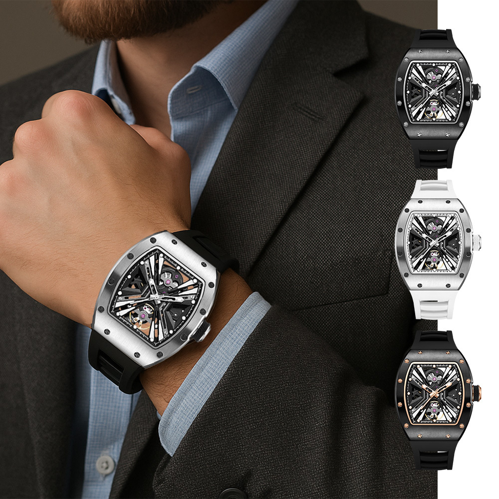 【Free Focus】JC-9-190G-4 酒桶款 潮流 雙面鏤空 夜光指針刻度錶盤 機械 手錶