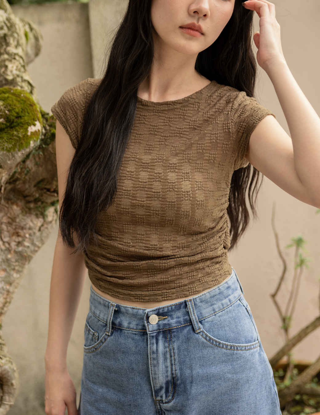 小花抓皺透膚短上衣（棕綠色/2尺寸）