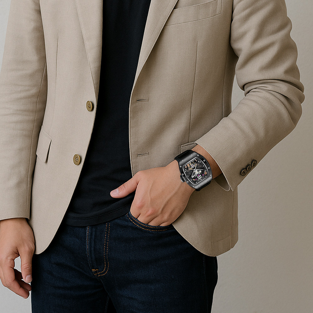 【Free Focus】JC-9-190G-5 酒桶款 潮流 雙面鏤空 夜光指針刻度錶盤 機械 手錶