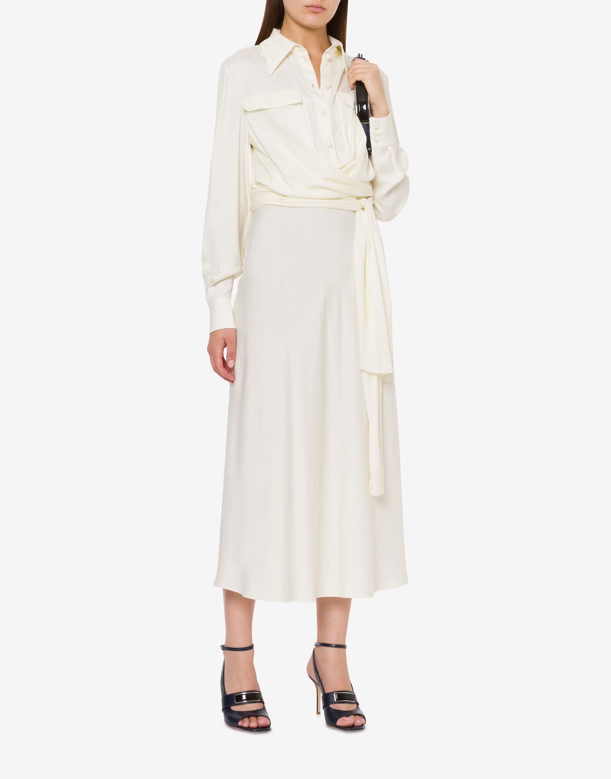 ALBERTA  FERRETTI  襯衫領綁帶絲洋裝(米黃)