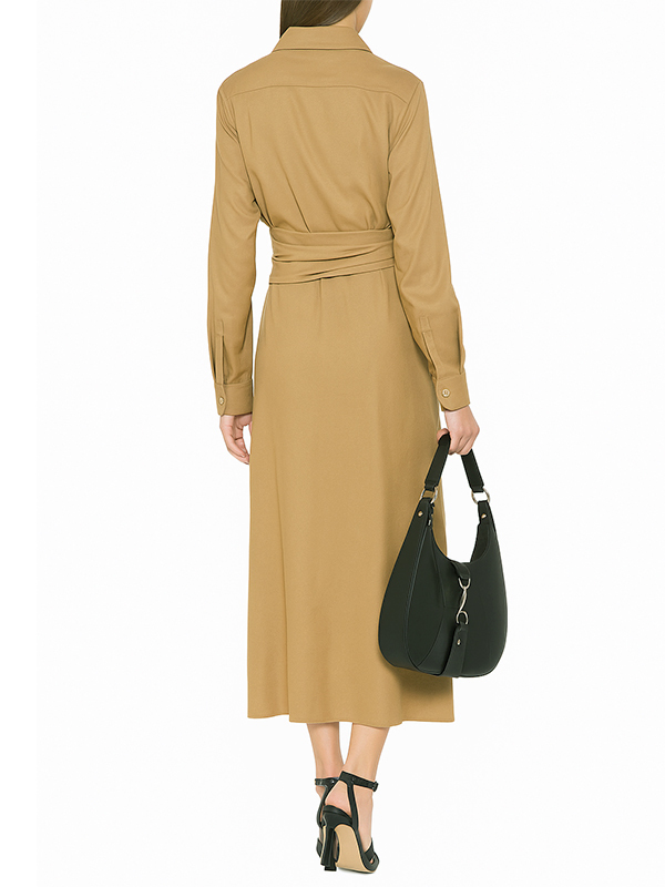 ALBERTA  FERRETTI  襯衫領綁帶絲洋裝(卡其)